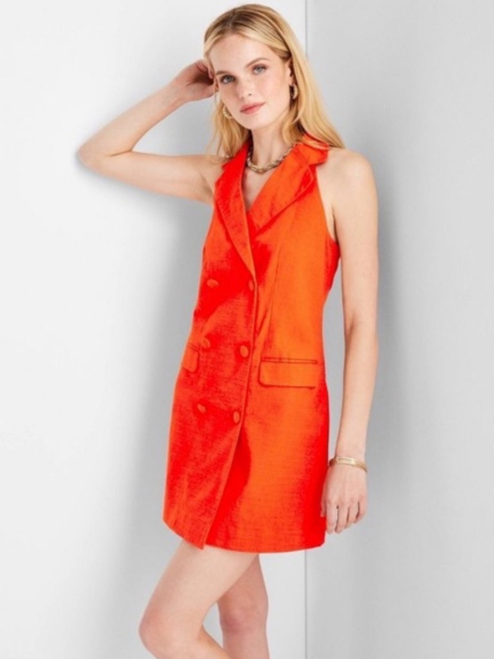 Sleeveless Double-Breasted Blazer Mini Dress Vibrant Red Orange Jenee Naylor 8